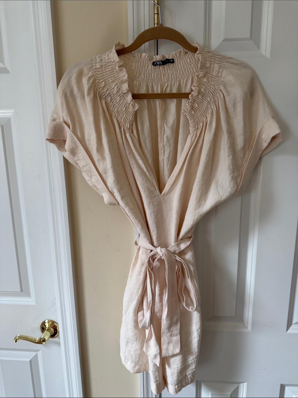 Zara Light Cream Tie-Waist Smocked V-Neck Romper